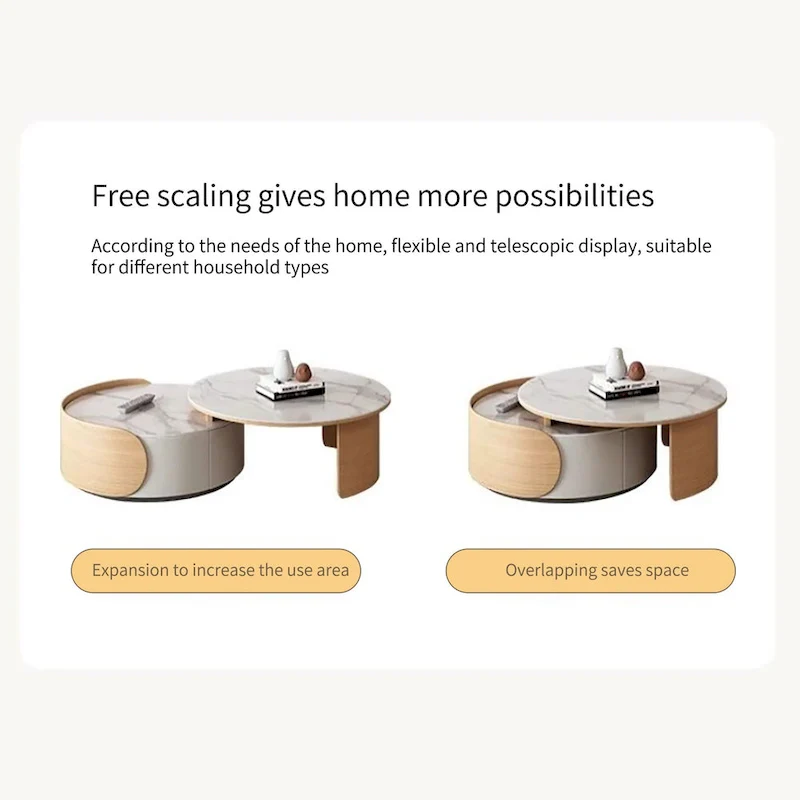 Modern Round Coffee table, Stone Table-top, Natural Wood - 50  x 31.5