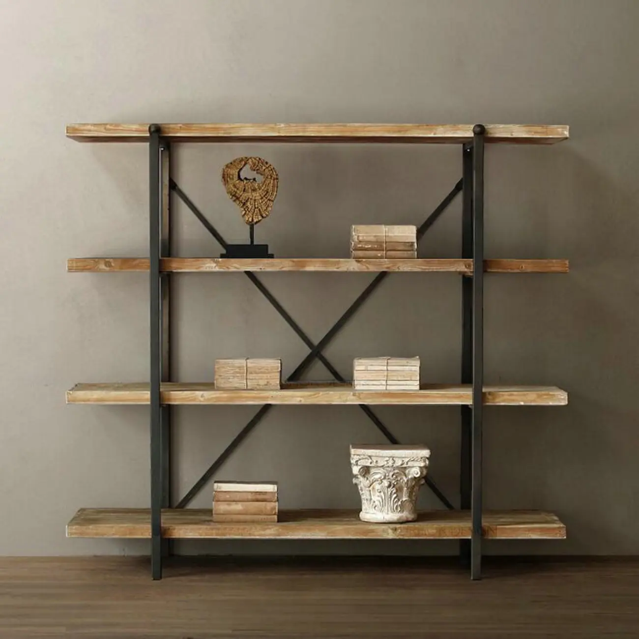 Industrial Wooden Metal Wall Bookshelf 4-Tier
