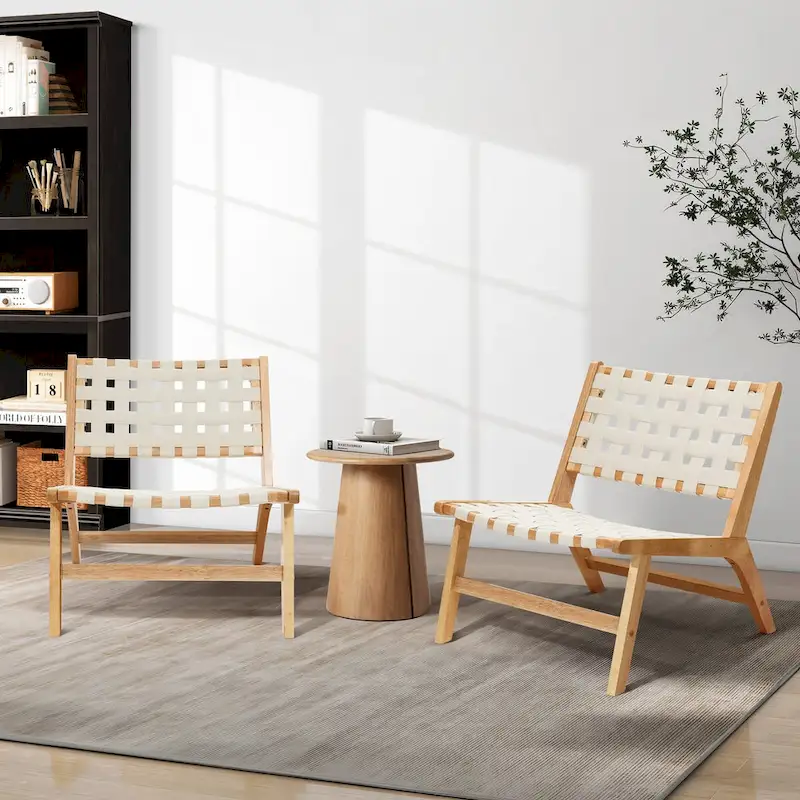 Natural Rubberwood with White PU Leather Low Profile Armless Accent Chair, Set of 2 - 28.5 H x 26.3 W x 26.5 D