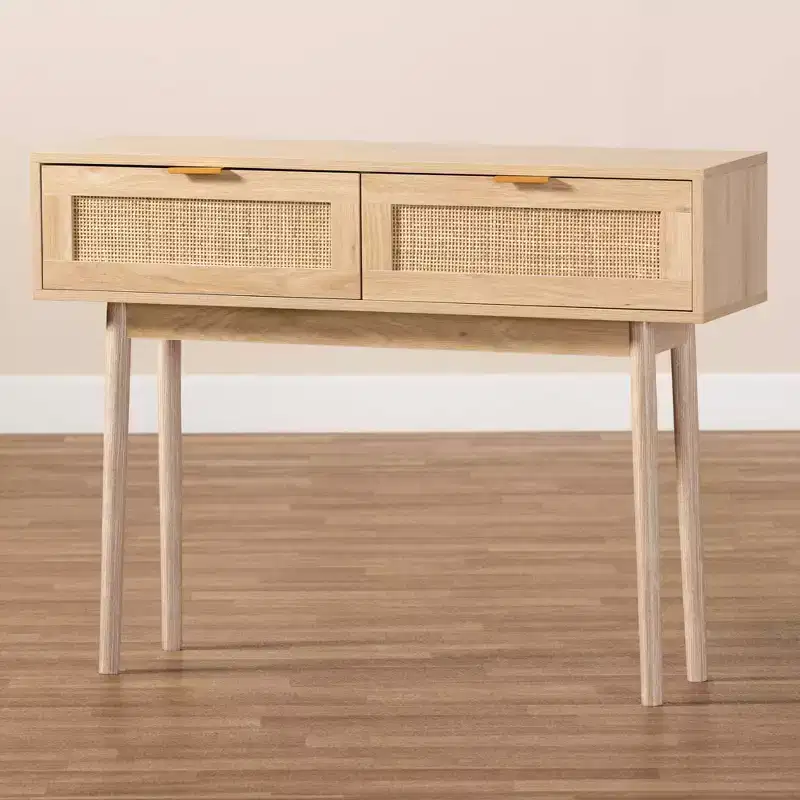 Baird Wood and Rattan 2 Drawer Console Table Brown - Baxton Studio: Gold Tone Handles, Bohemian Style