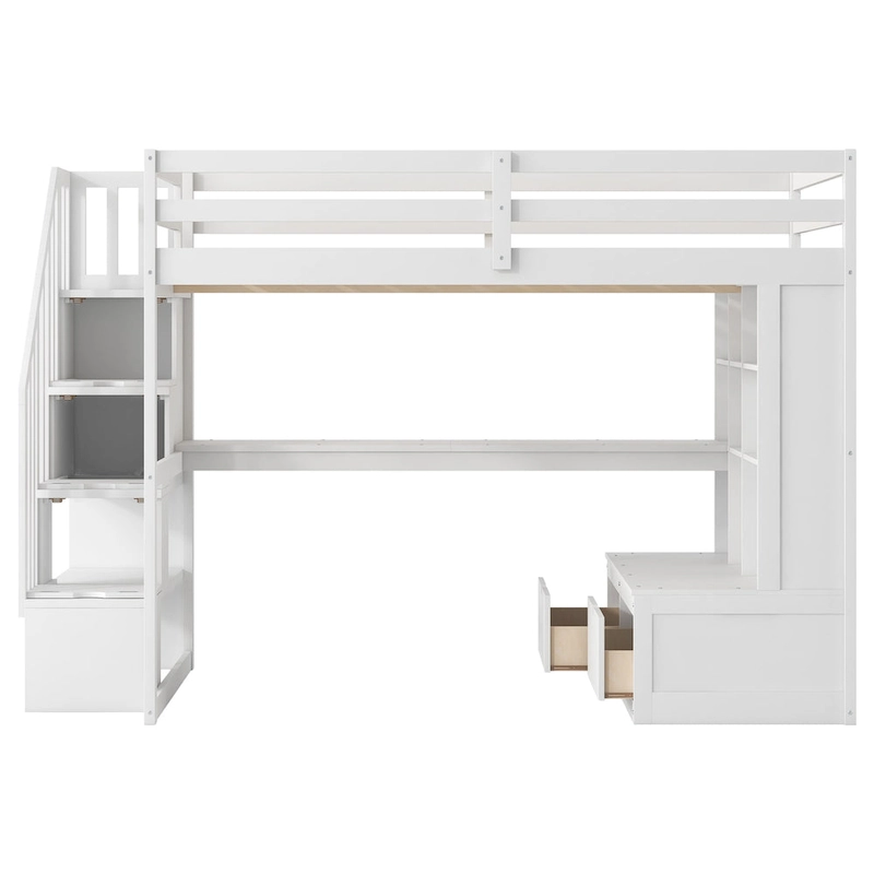 White Full Solid Wood Loft Bed with Desk & Drawers