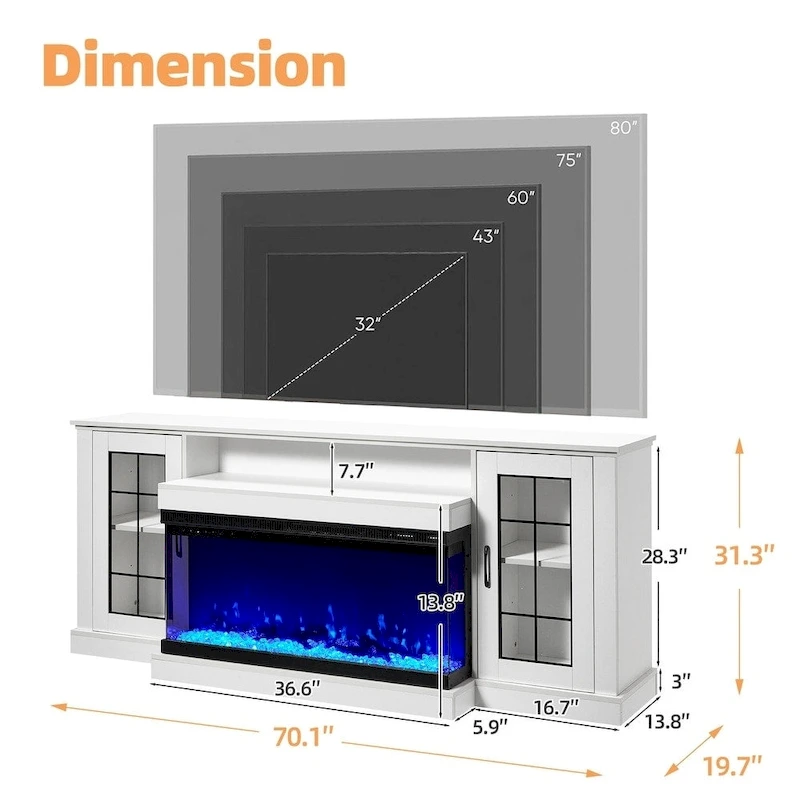 Erommy Adjustable Glass Shelves Entertainment Center with Electric Fireplace in Fireplace TV Stand