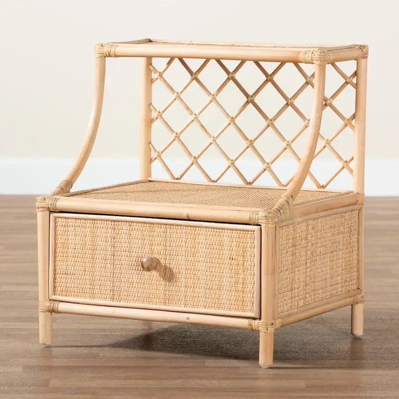 Lalo Modern Bohemian Natural Brown Rattan 1-Drawer Nightstand