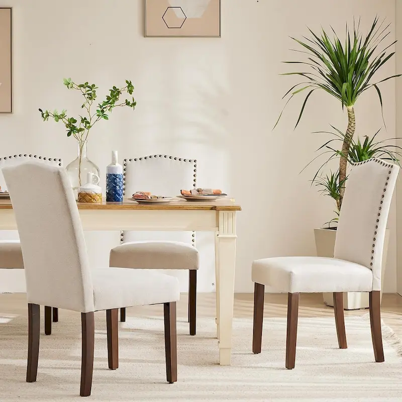 Dark Brown Leather Upholstered Dining Chair Set of 2 w/Nailhead Trim and Wood Legs for Dining Room