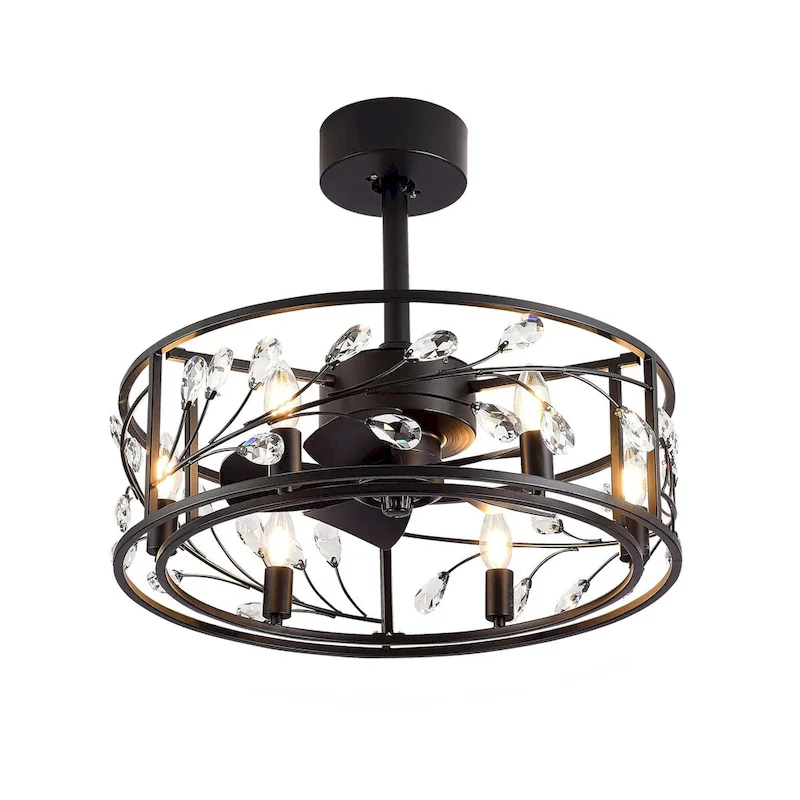 20-In Black Crystal Caged Ceiling Fan with Light Remote-6 Light