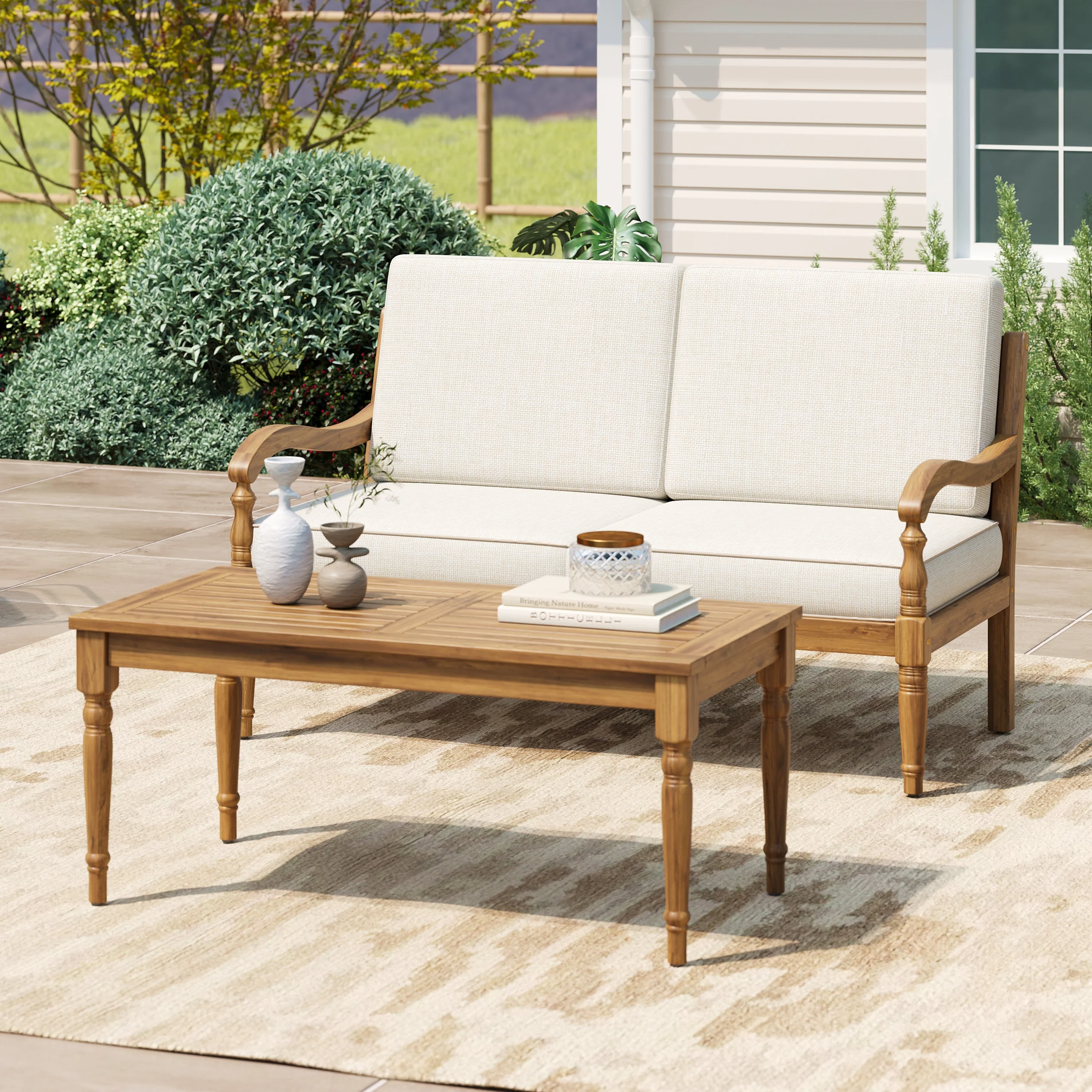 Walker Edison | Outdoor Acacia Wood 2 Piece Loveseat Sofa with Table