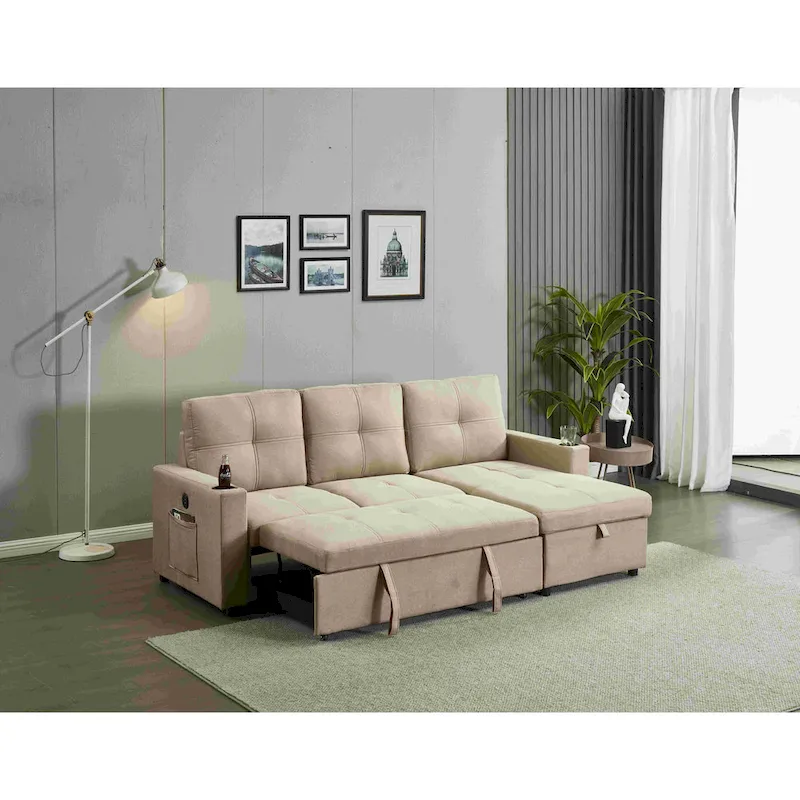 Linen Sectional Sofa Reversible Chaise with Pull out Sleeper