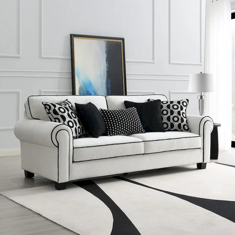 Furniture of America Anastasia White Chenille Sofa with Accent Pillows
