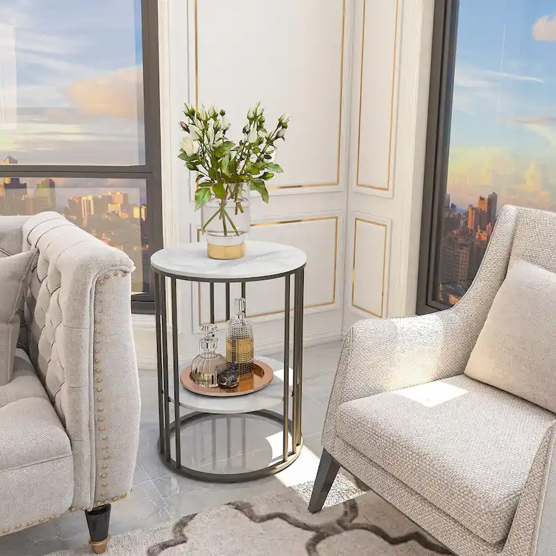 End Table 2-Tier Round Side Accent Table with Sintered Stone Tabletop - 15.7x15.7x21.3 inch