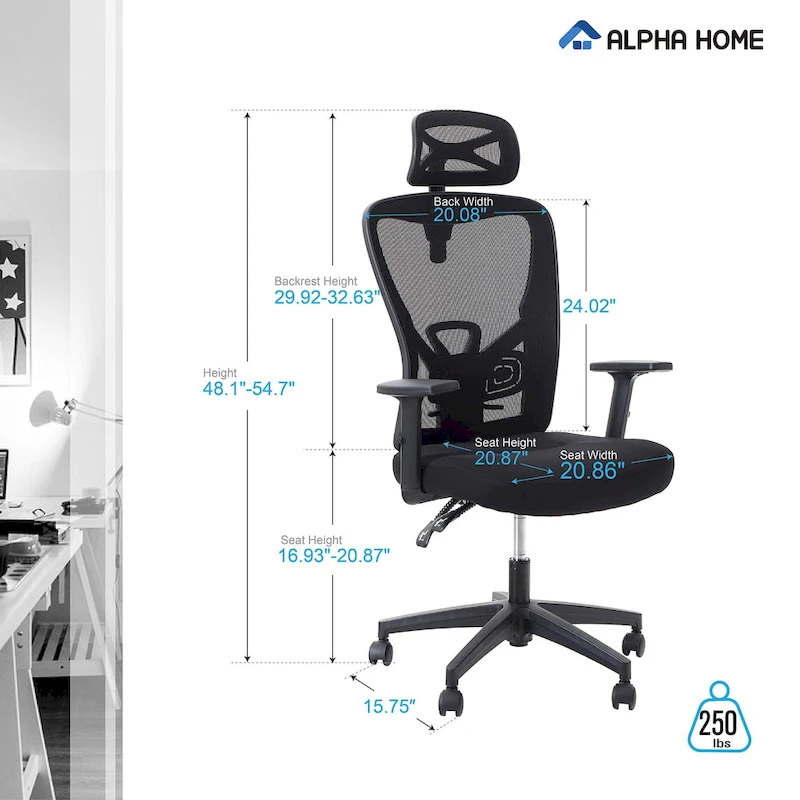 ALPHA HOME High Back Mesh Office Chair Adjustable Headrest, Armrest, Rolling Swivel Reclining Chair