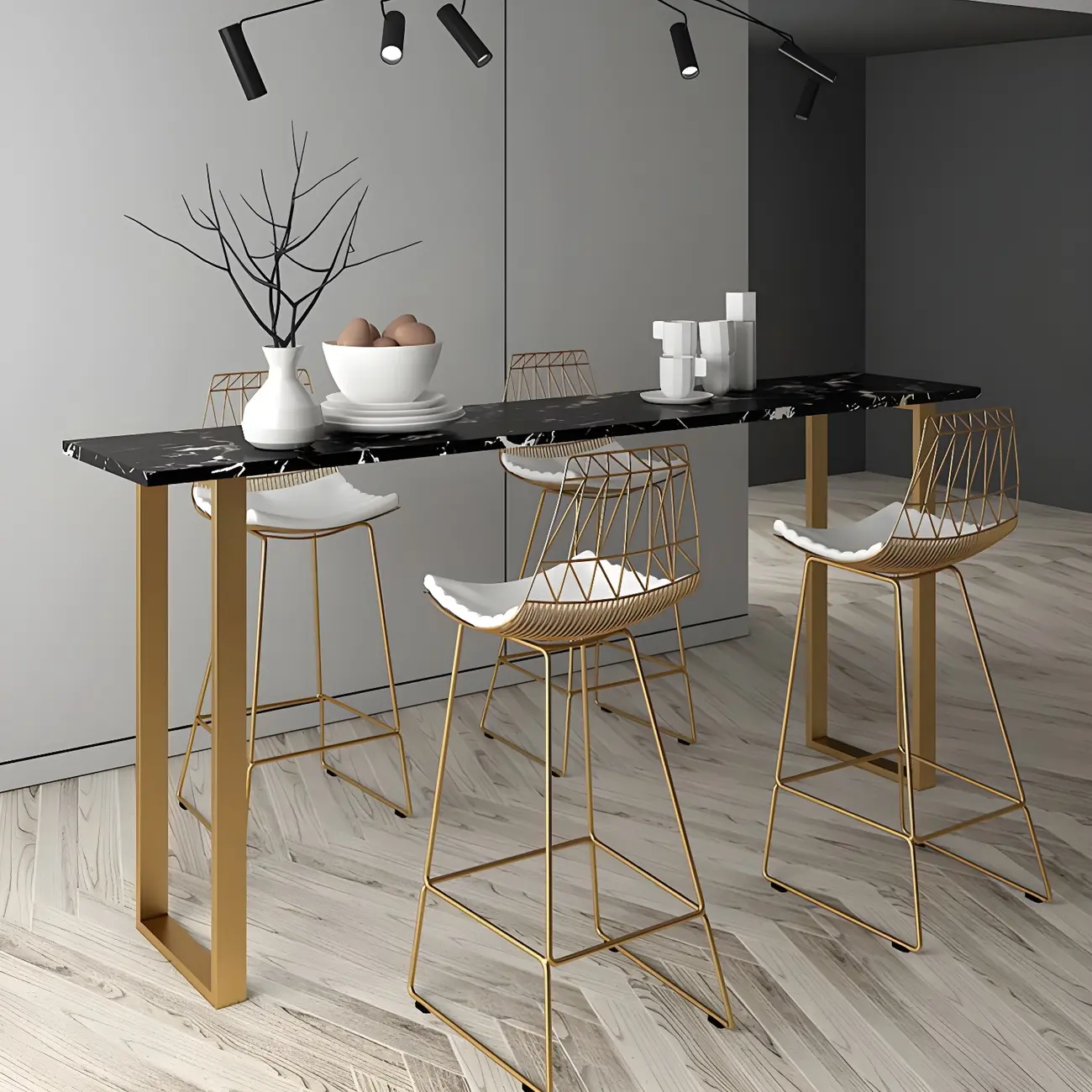Black Rectangle Marble Tall Bar Table Gold Base