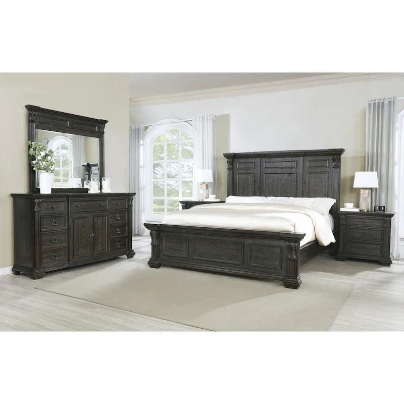 Distressed Dark Walnut Wood Panel Bedroom Set - 5 Pieces