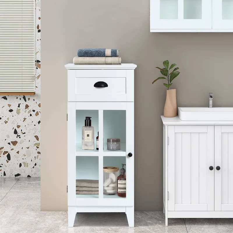 White MDF Wood Slim Bathroom Storage Cabinet and End Table - 37 H x 15.7 W x 11.8 D