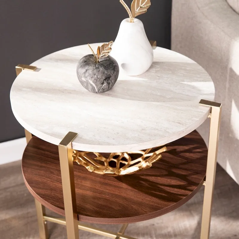 SEI Furniture Aldea Modern Round Side Table with Faux Marble Top and Faux Wood Shelf