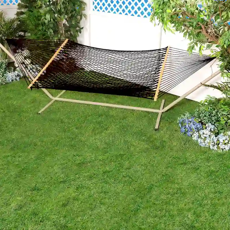 Bliss Hammocks BH-410BK 60  Wide Cotton Rope Hammock w/ Spreader Bar, S Hooks, & Chains