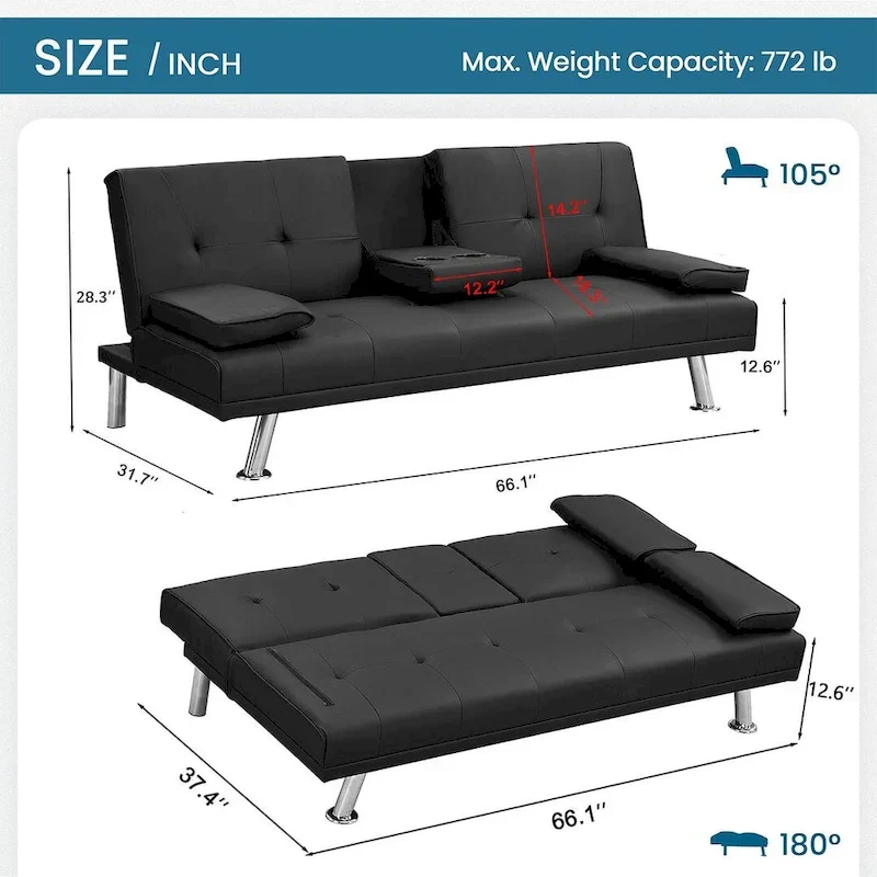 Modern Convertible Adjustable Sofa Bed - Faux Leather Recliner Double Sofa