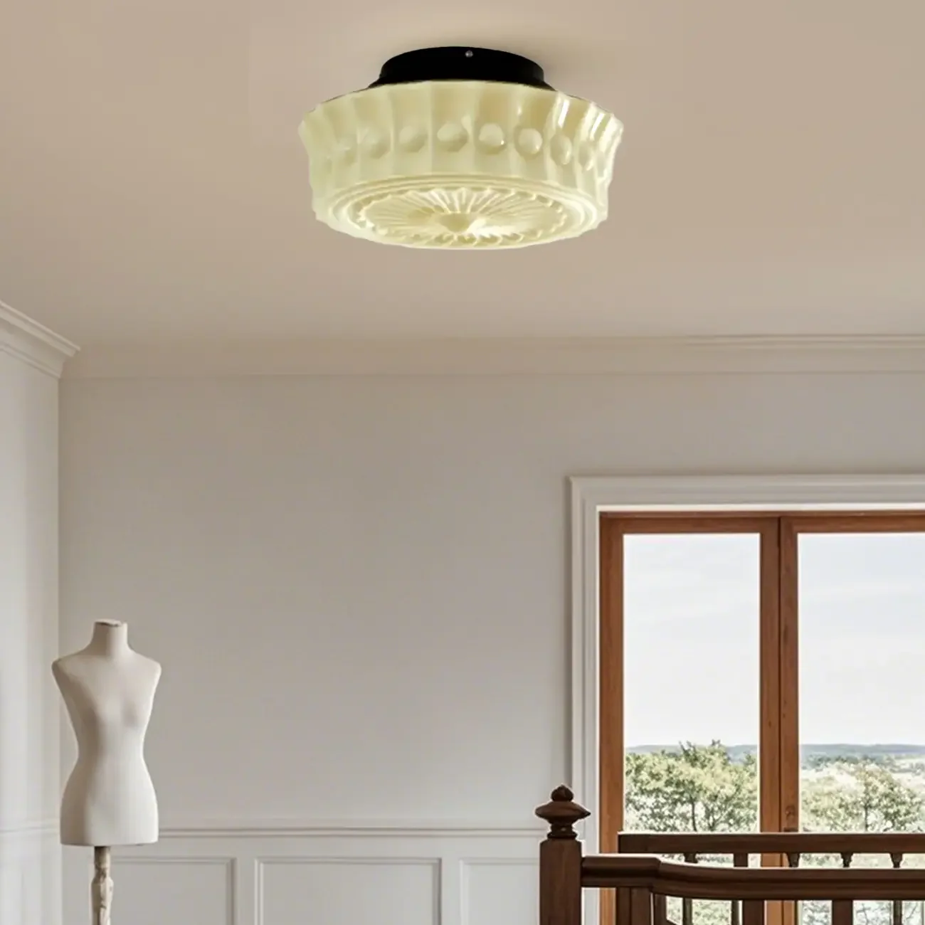 Beige Round Glass Vintage Semi Flush Ceiling Light