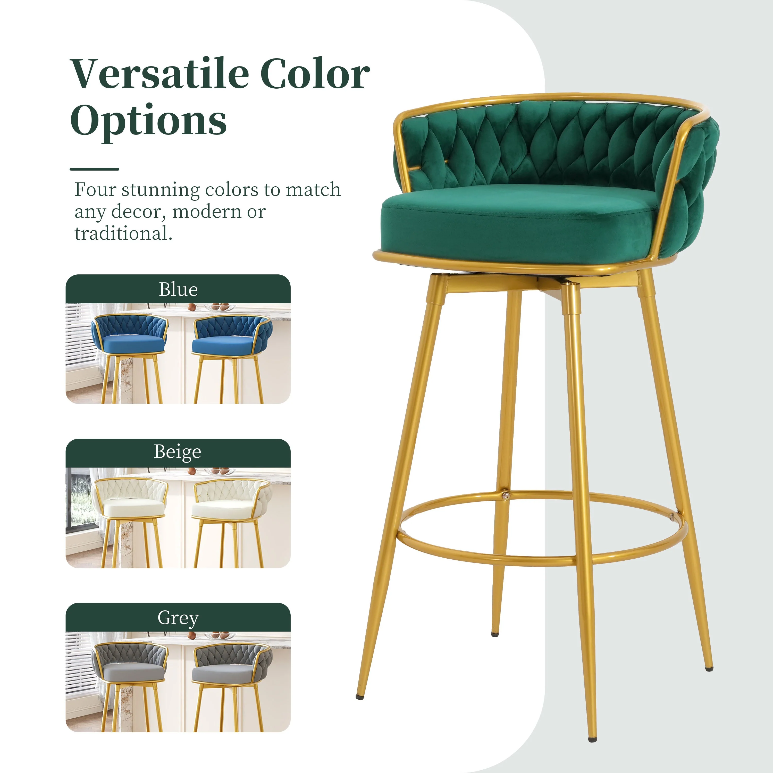 Set of 2 Velvet Swivel Bar Stools 180¡ã Gold Frame w/ Woven Back & Footrest