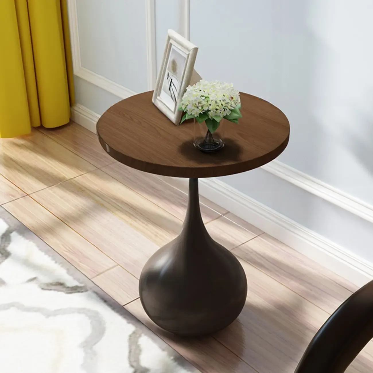 Metal Pedestal Round Wood End Table for Living Room