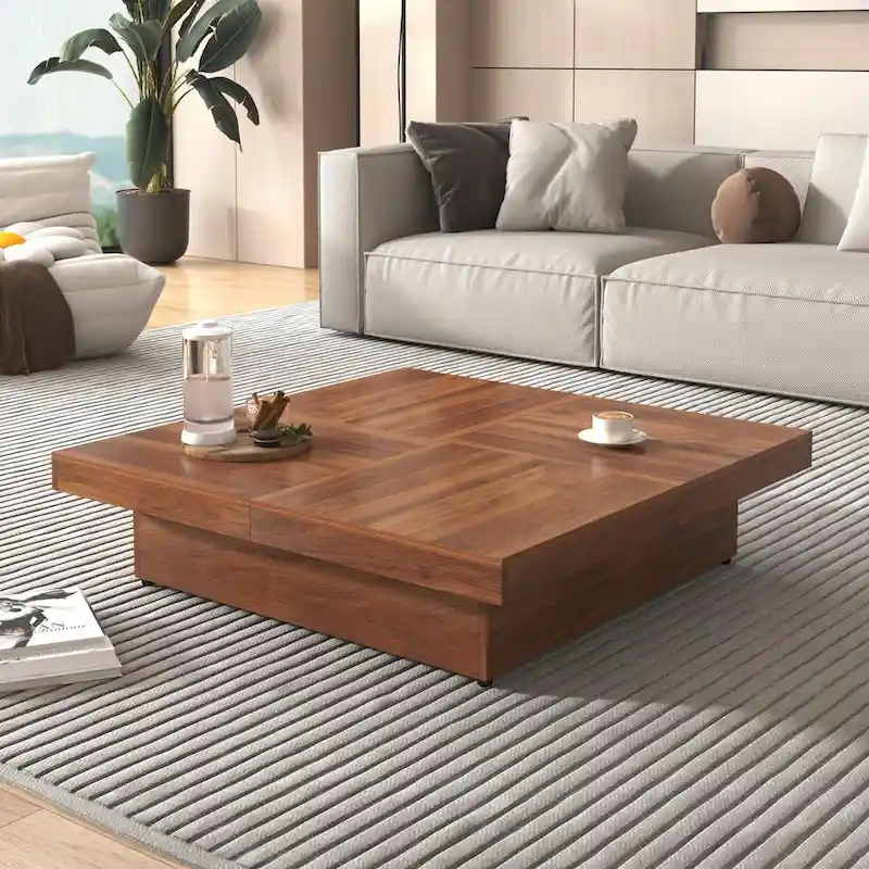 39.4 Square Marble Veneer Coffee Table with Sliding Top Storage