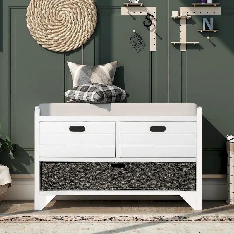 White / Espresso / White Washed / Blue Cushioned Storage Bench with 2 Drawers & Removable Basket
