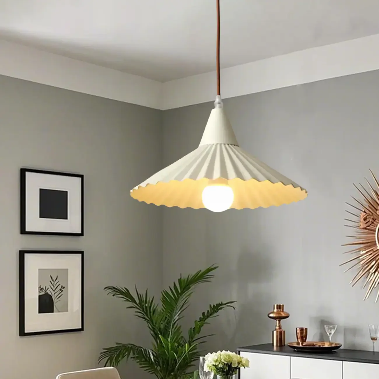 Modern Walnut Pleated Cone Pendant Light