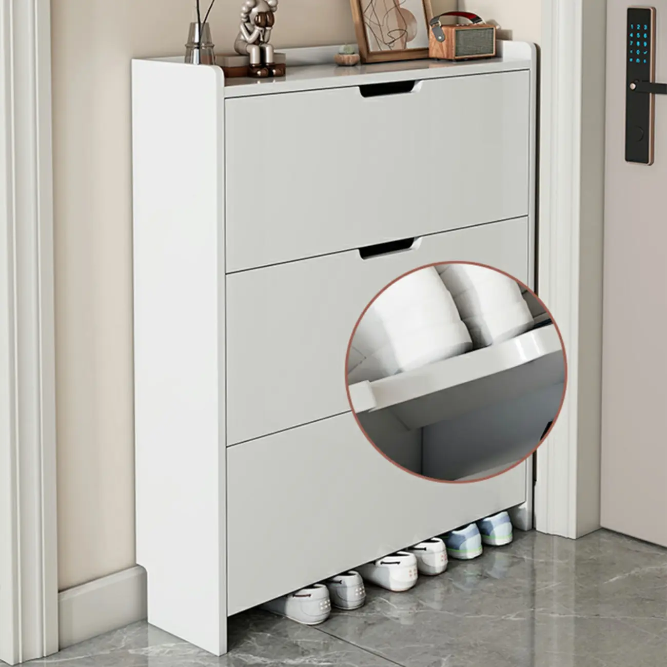 3-Tier White Wood Shoe Cabinet with Drop Front