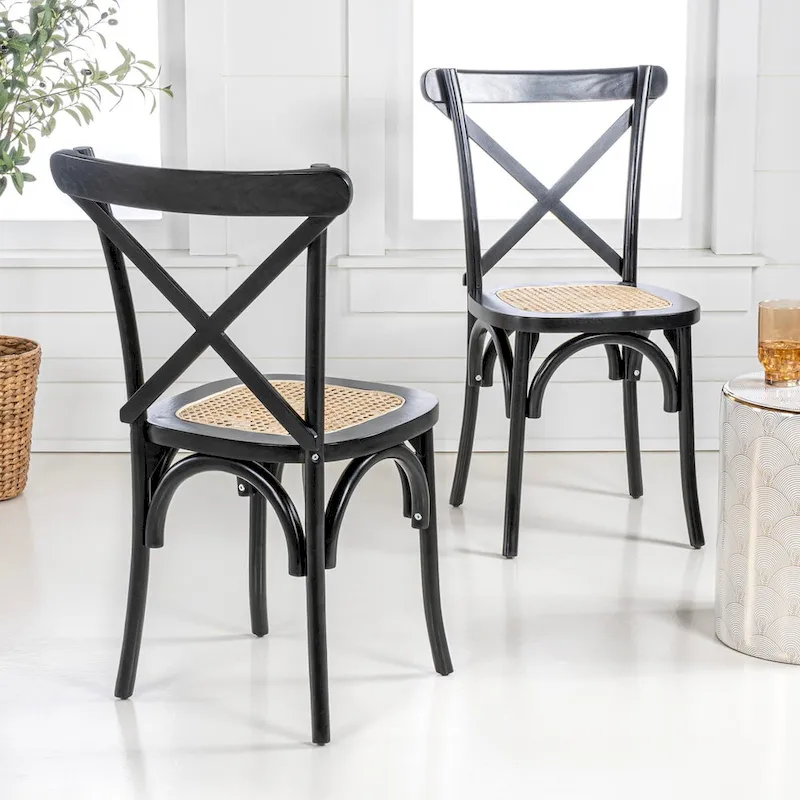 Colmar Classic Traditional X-Back Wood Rattan Dining Chair, Natural (Set of 2) by JONATHAN Y