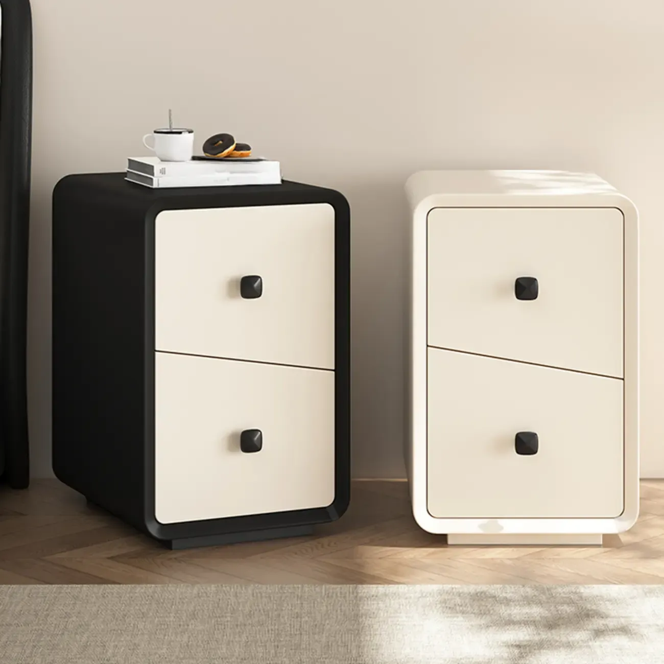 Modern Black and Off-White Wooden Nightstand 2-Drawer Storage