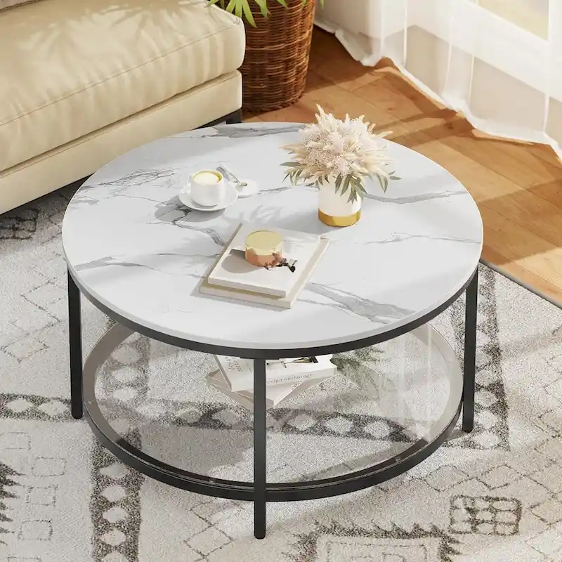 Industrial 2-Tier Round Coffee Table with Shelf