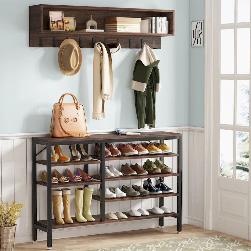 Entryway Coat Rack Shoe Bench Set, Industrial Hall Tree Coat Shoe Rack