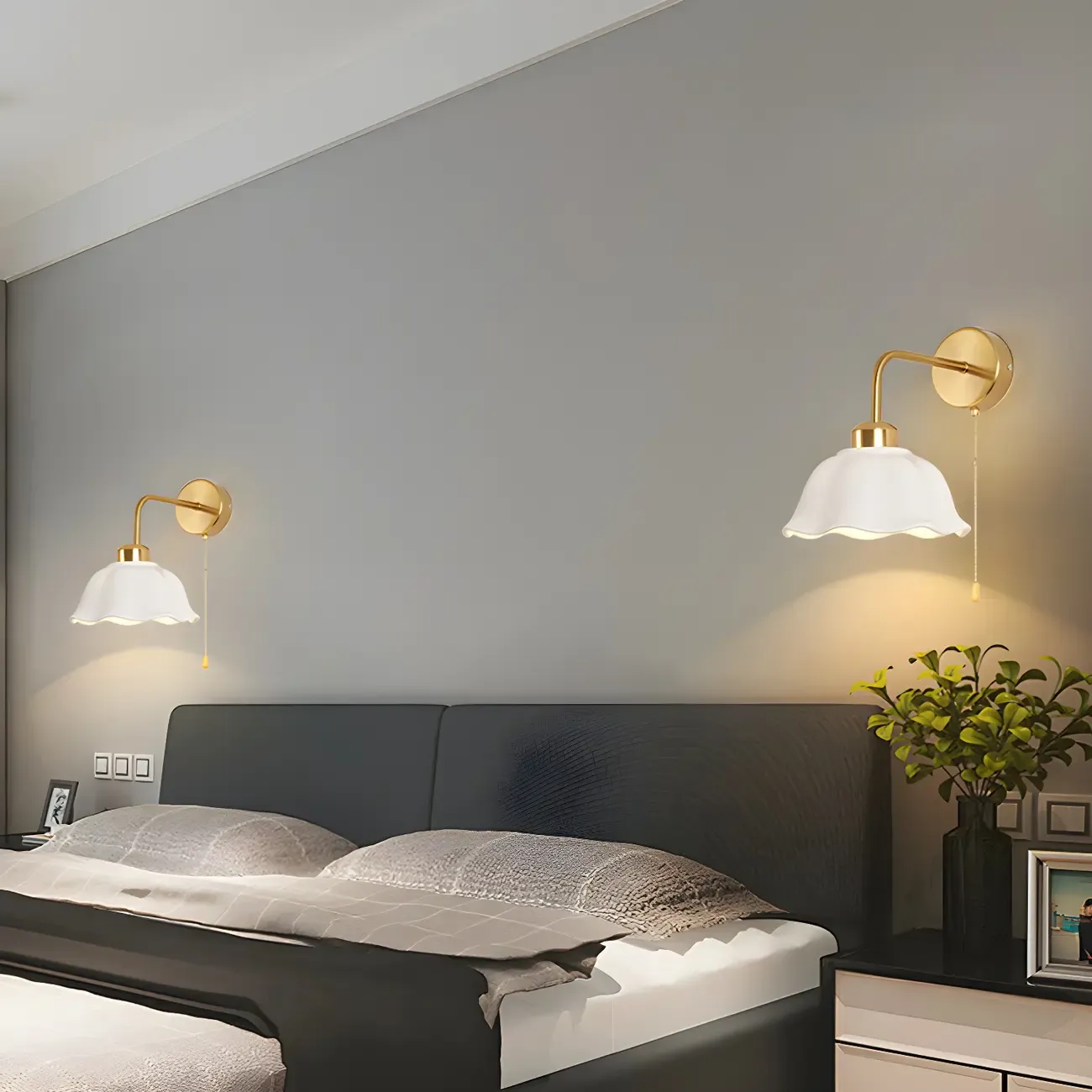 Modern Gold White Ceramic Pull Chain Wall Sconce