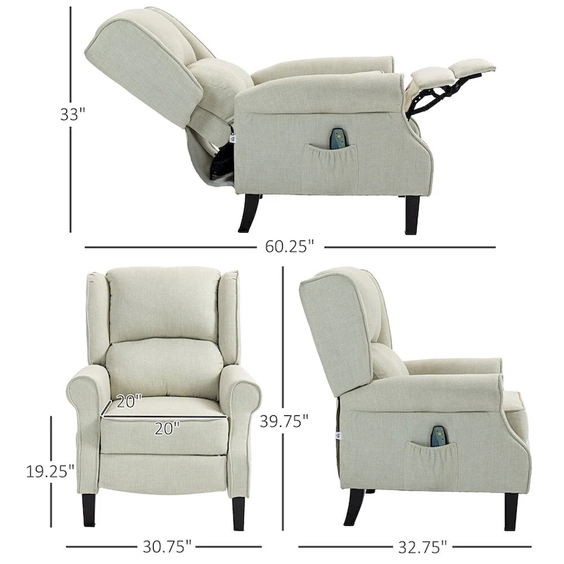 Massage Linen Recliner Chair with Heat,Footrest and Side Pocket