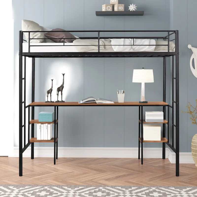 Twin Metal Loft Bed with Table & Shelves