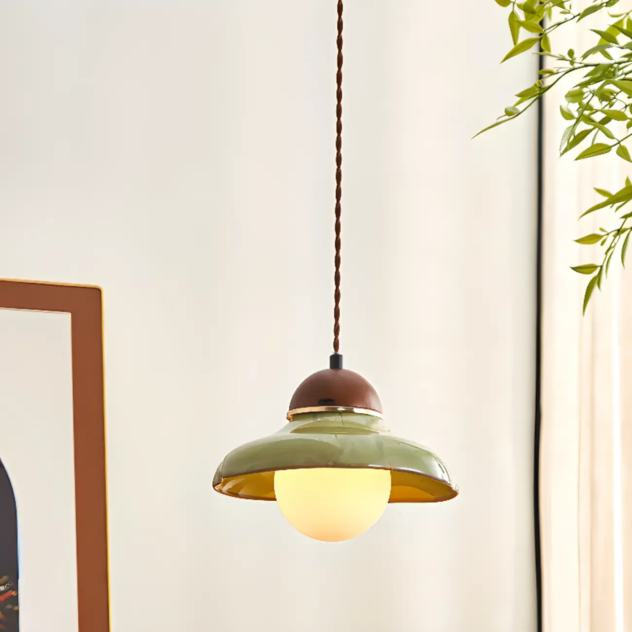 Decorative Walnut Bowl Rope Pendant Light Adjustable Height