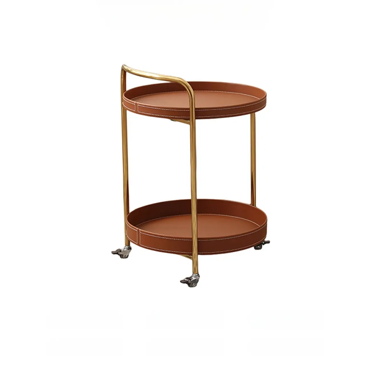 Mobile 2 Layers Brown Leather Metal Round Side Table