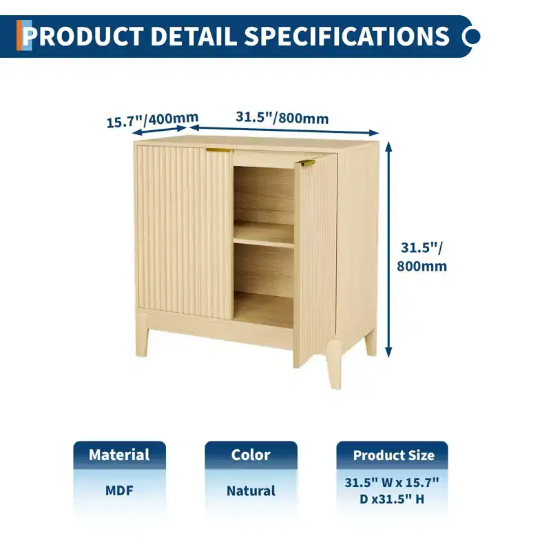 CuisinSmart 31.5 Fluted Storage Cabinet with Gold Handles, Adjustable Shelf, Oak Finish Credenza, Modern Buffet Sideboard for Dining Room Kitchen