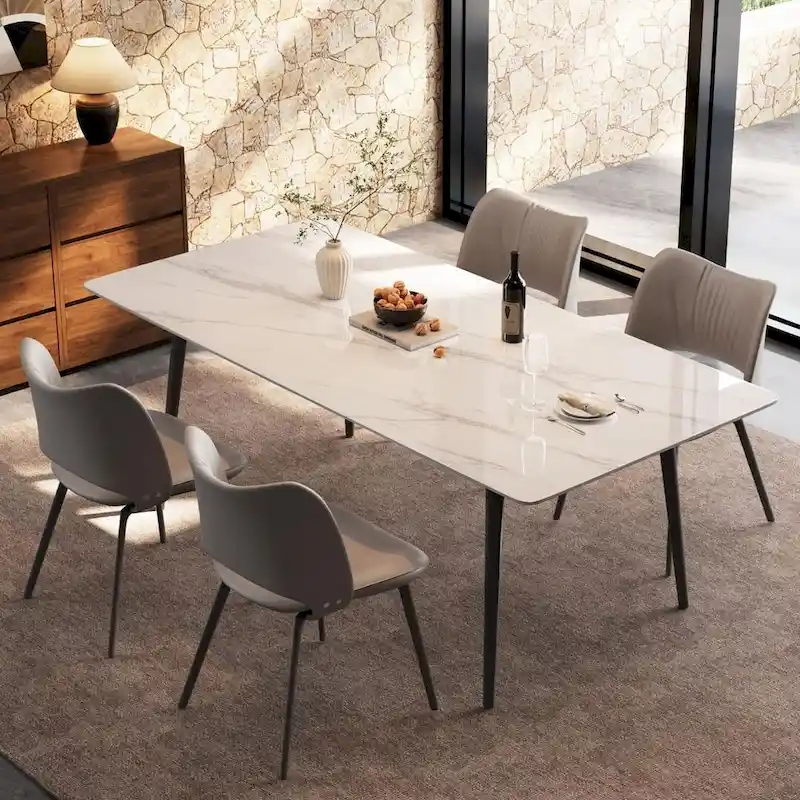 70.8 inch rectangular white kitchen dining table, with a sintered stone marble tabletop, metal legs
