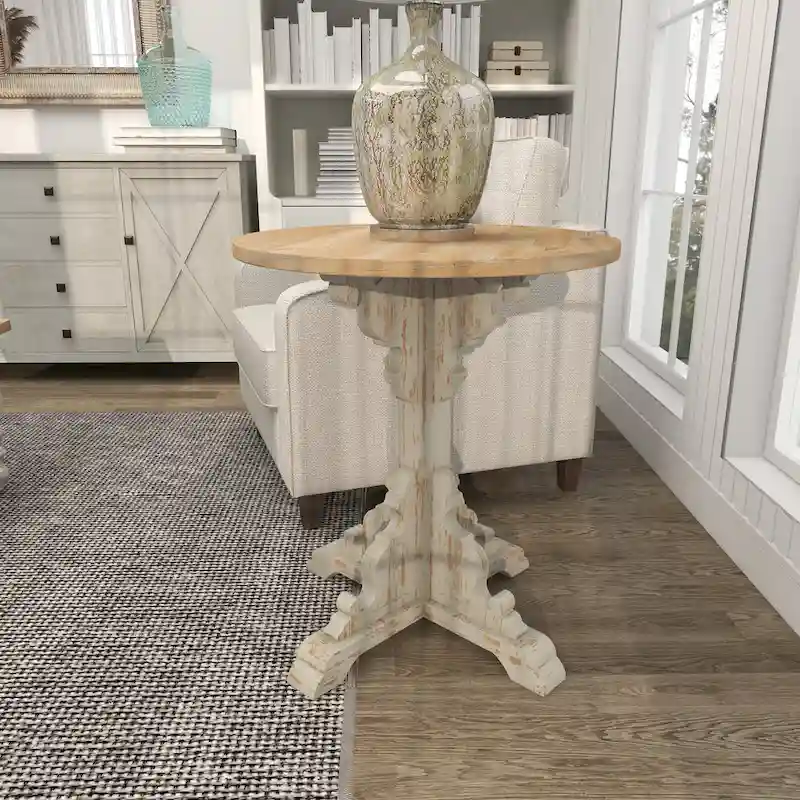 Wood Scroll Intricately Carved Accent End Table, Rustic Brown Gray Cream Side Table