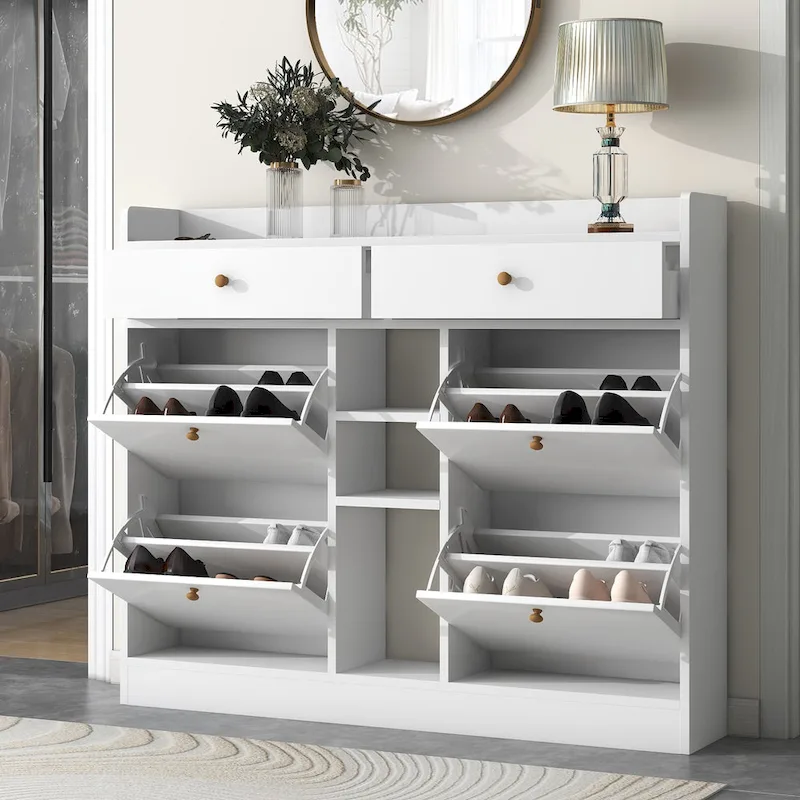 Modern Tipping Bucket Shoe Cabinet with 4 Flip Drawers, Multifunctional 2-Tier Shoe Storage Organizer with Drawers
