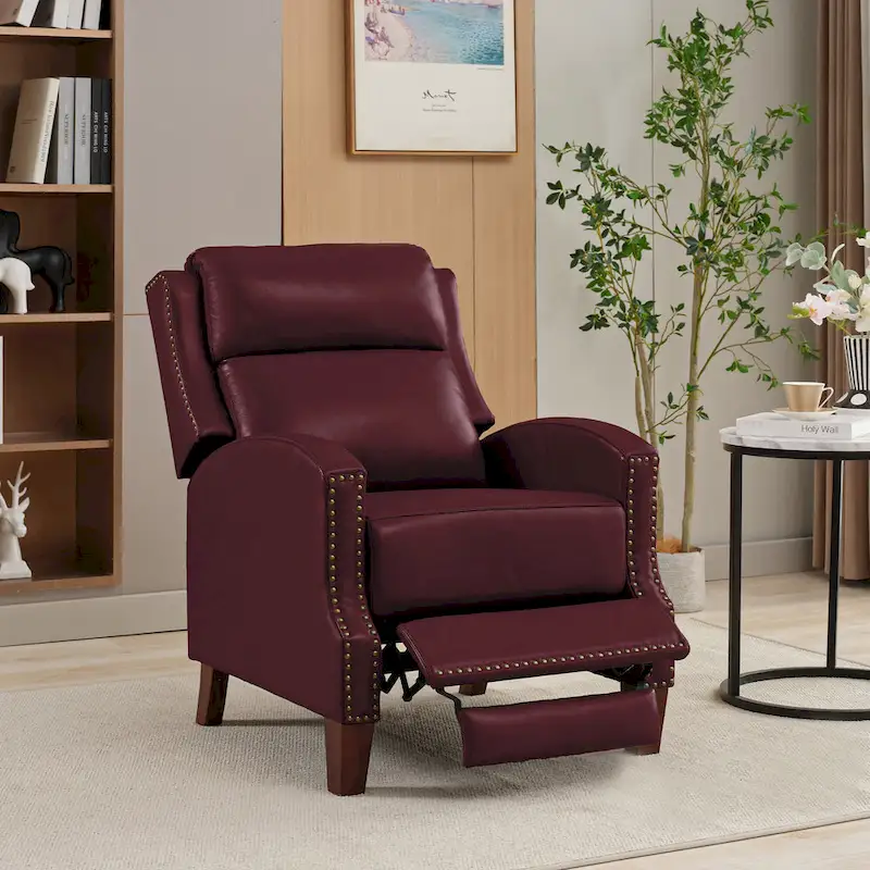Genuine Leather Pushback Recliner with Multi-Angle Seat Back and Solid Wood Legs