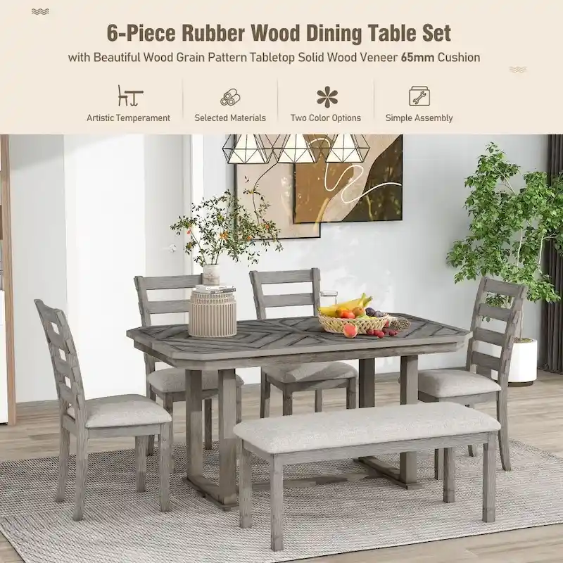 6-Piece Rubber Wood Dining Table Set with Beautiful Wood Grain Pattern Tabletop