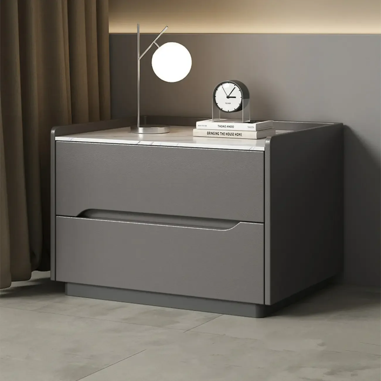 Modern Khaki Leather Stone Top 2-Drawer Nightstand