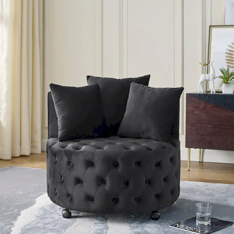 Living Room Velvet Swivel Chair with Button Tufted Design, 3 Pillows & Movable Wheels