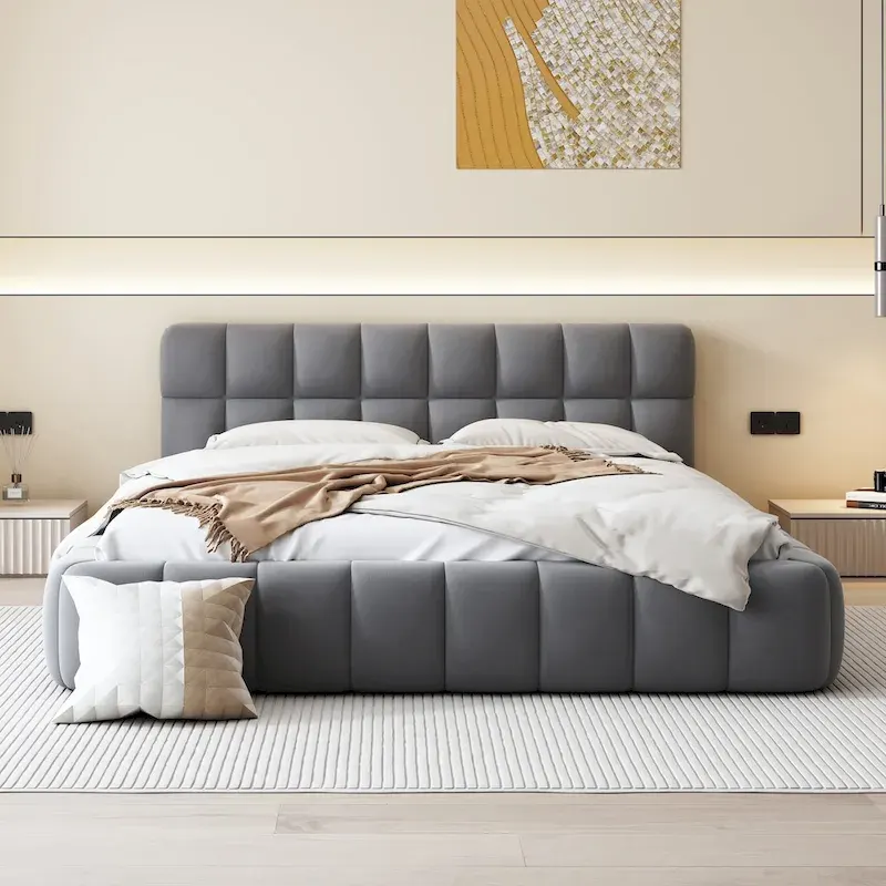 Gray Linen Upholstered Platform Bed - Queen Size