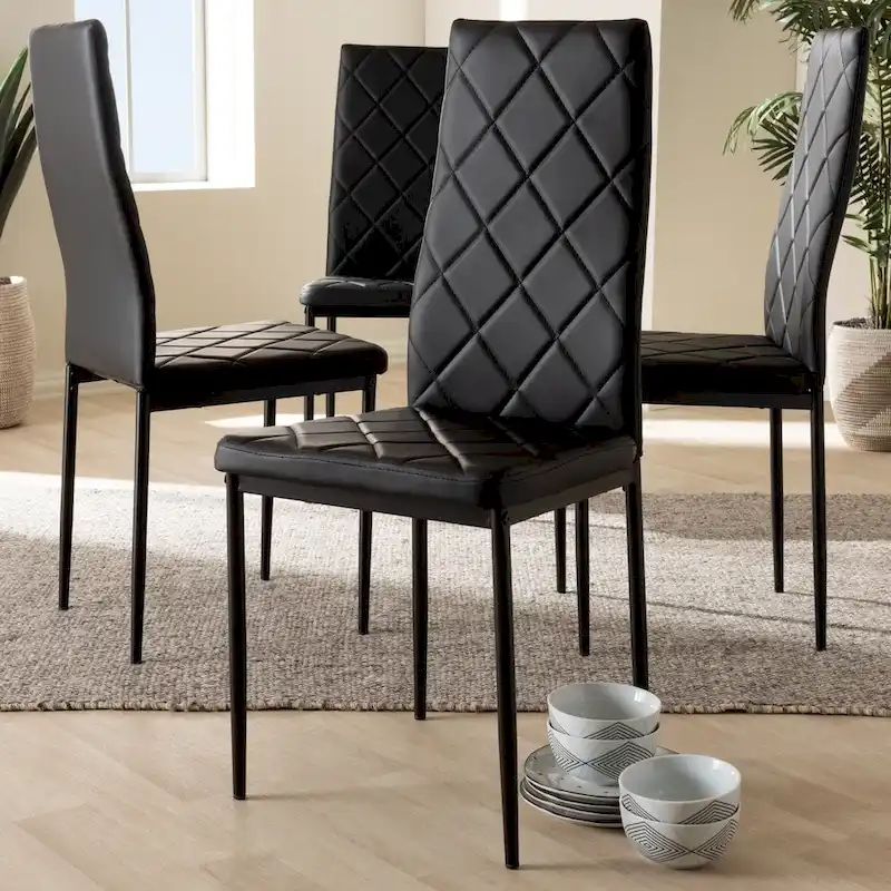 Grid-Tufted Faux Leather Dining Chairs - Black - Set of 4