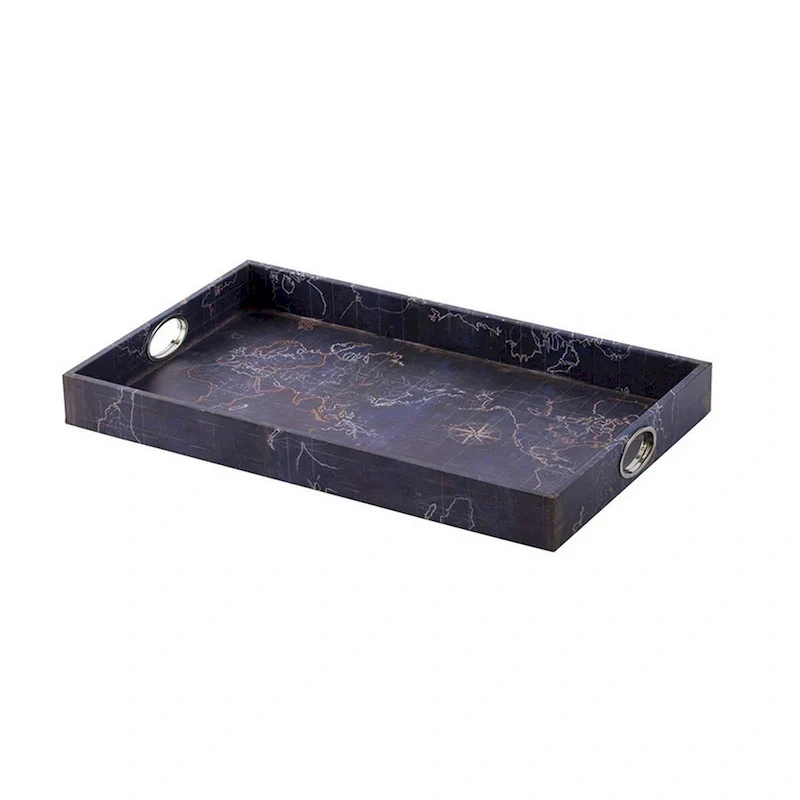 25 Inch Set of 2 Rectangular Decorative Trays, Gold Map Design, Deep Blue