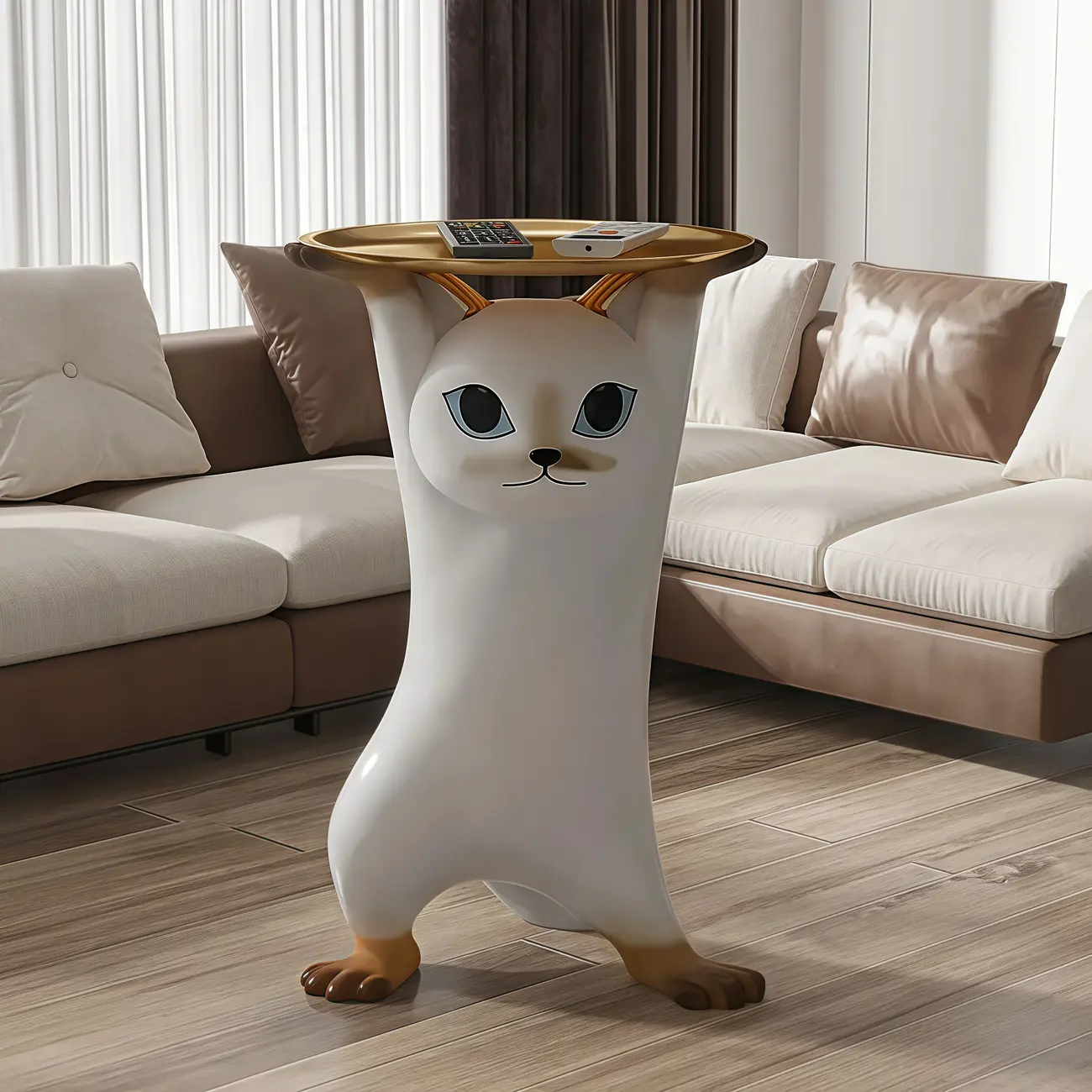 Modern Cute Cat-Shaped Golden Round Top Side Table