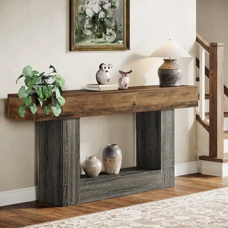 Farmhouse 63 Console Table, 2-Tier Entryway Table Narrow Long Wood Sofa Table
