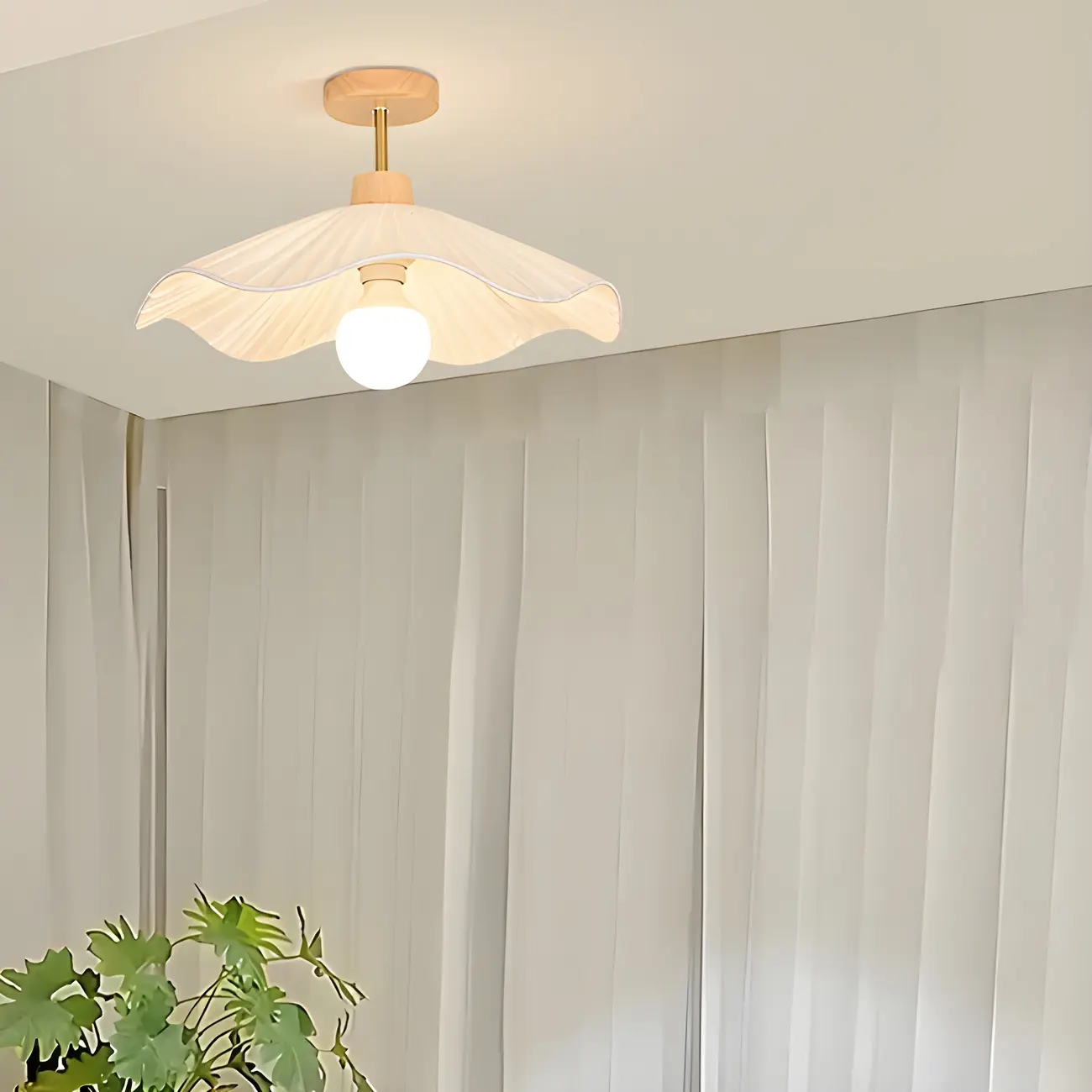 Natural Finish Wood Semi Flush Ceiling Light with Fabric Shade